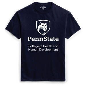 short sleeve navy t-shirt with Penn State College of Health and Human Development below Lion Shield graphic